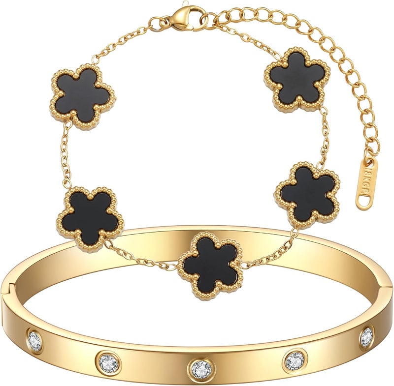 Funio 18K Gold Plated Clover Bracelet Love bangle Set for Women - Stack Friendship Bracelet Lucky Link Bracelets Jewelry Gifts Trendy for Women - Image 1